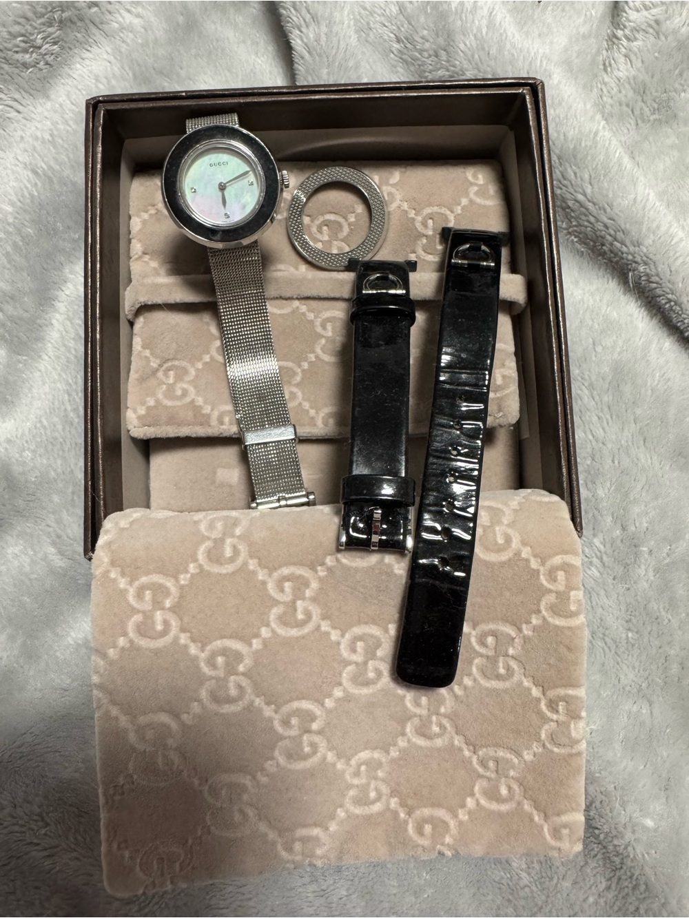 Gucci Silver Mesh Watch with Mother-of-Pearl Dial and Black Patent Straps